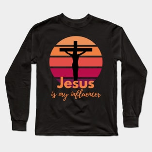 Jesus is my influencer. Retro Sunset with Silhouette Cross Long Sleeve T-Shirt